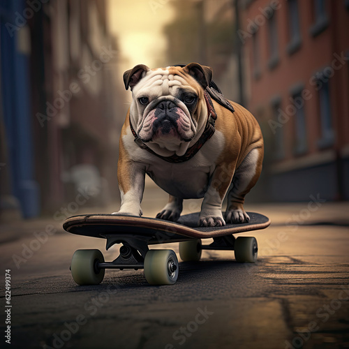 Bulldog riding skateboard cool funny dog illustration design, ,generated ai ,generated ai © dan