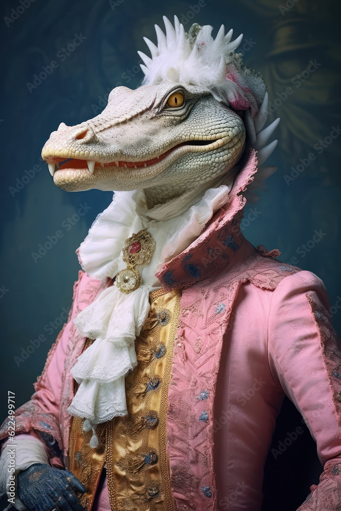 Portrait of anthropomorphic crocodile in vintage clothes
