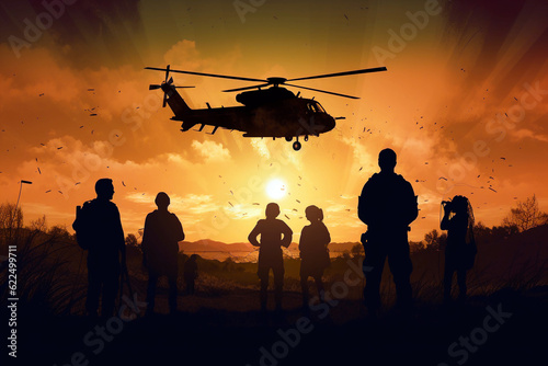 Silhouette of a group of soldier and a helicopter in the sunset