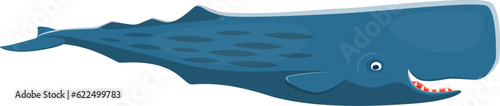 Sea sperm whale character. Isolated cartoon vector magnificent marine enormous size creature with powerful body and square-shaped head. Inhabit deep ocean waters, communicate through clicking sounds