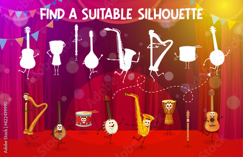 Find a suitable silhouette of cartoon musical instrument characters on the stage. Similarity search kids game vector worksheet with harp, mandolin, drum and banjo, saxophone, flute funny personages