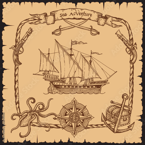 Vintage pirate vessel ship with rope frame in sketch, sea adventure background. Old antique or ancient pirate boat or sailboat and marine frigate, anchor or treasure chest and compass in rope frame