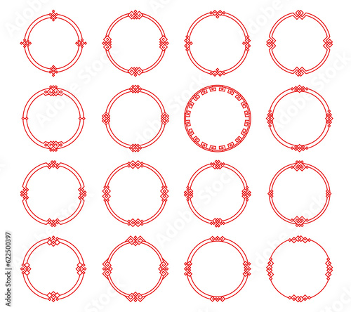 Round red asian frames and borders. Japanese, korean and chinese circle frames. Vector line borders of oriental pattern, traditional knot ornament and geometric motif with square decorations