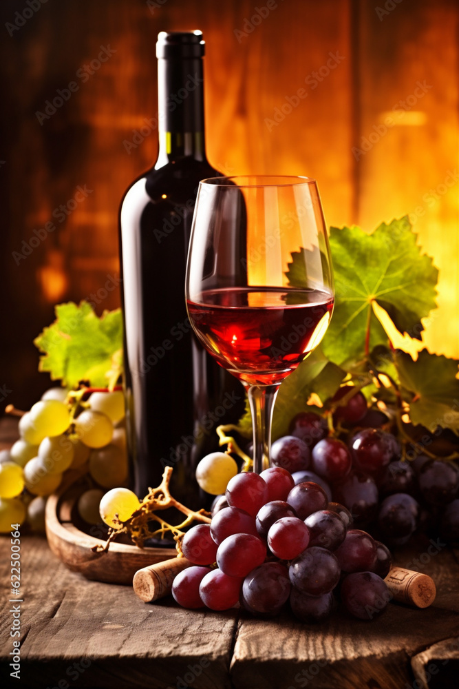 grape bunch glass food drink wine winery background alcohol bottle beverage. Generative AI.