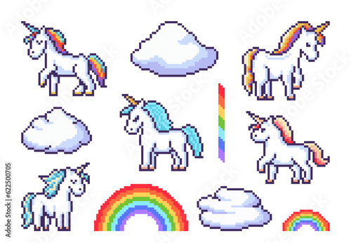 Fantasy pixel unicorns and rainbow, game stickers. Vector pixel art magic horse or pony animals, clouds and rainbow objects set. Retro 8 bit video game cute unicorn characters with colorful horns