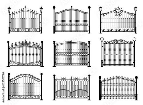 Iron gate, wrought metal fence, steel wrought door with ornate forgings. Vector antique garden or park entrance gates of black frames, grills and rails with forged ornaments, light poles and pillars