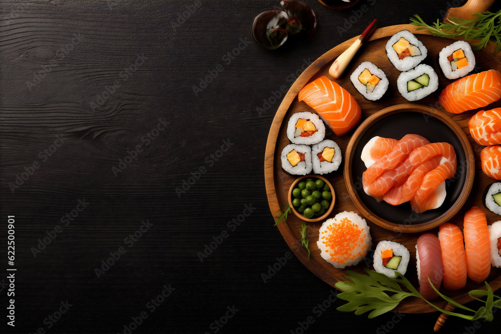 healthy food japanese rice roll fresh fish asian sushi seafood. Generative AI. healthy food japanese rice roll fresh fish asian sushi seafood. Generative AI.