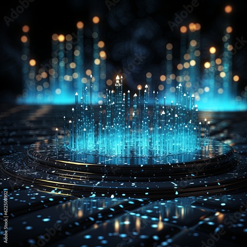 Digital generated image of abstract flowing data ramp made out of numbers and glowing blue splines moving up on black background.