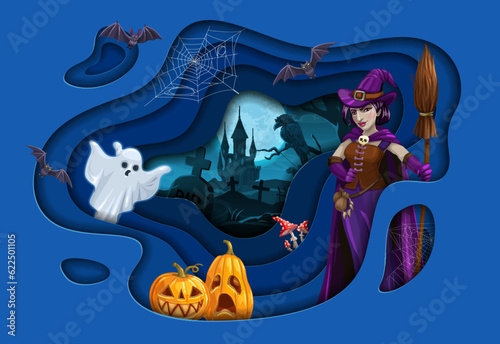 Halloween paper cut landscape with cartoon witch, pumpkins, ghost and castle. Vector holiday papercut double exposition design with 3d effect frame with spook and old hag with broom at night cemetery