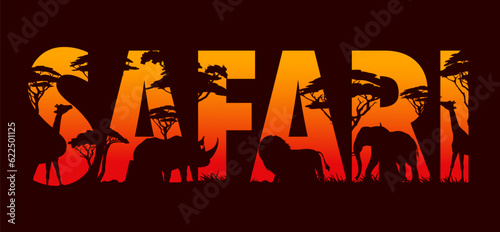 Safari, african sunset landscape with animal silhouettes. Vector double exposition savannah lion, elephant, giraffes and rhino, acacia and sequoia trees, grass and bushes. Safari hunting and travel