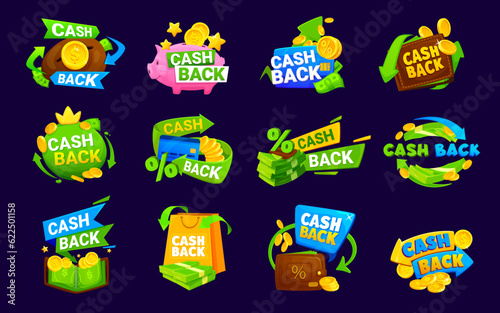 Cash back, coin and bonus, refund or rebate money icons vector set. Refund money after buy cartoon stickers, promotion banners of cashback labels with gold coins, arrows, wallets and credit cards