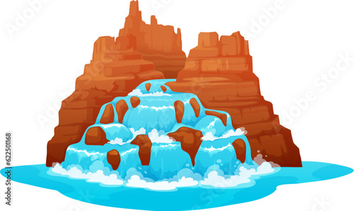 Cartoon wild west waterfall and water cascade. Vector splashing streams and jets falling from canyon rock. Isolated multiple flows cascading down the western rock in natural environment or park