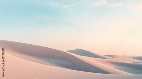 Abstract simple panoramic background. Desert landscape with sand dunes under the blue sky with white clouds. Modern minimal aesthetic wallpaper.