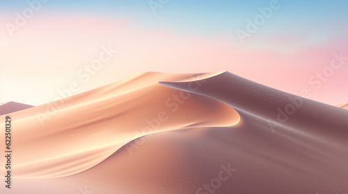 Abstract simple panoramic background. Desert landscape with sand dunes under the blue sky with white clouds. Modern minimal aesthetic wallpaper.