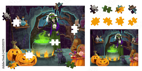 Jigsaw puzzle Halloween game pieces. Cartoon eerie witch in cave with magic potion pot. Correct piece connect Halloween quiz, shape or figure search kids puzzle vector worksheet with witch cauldron