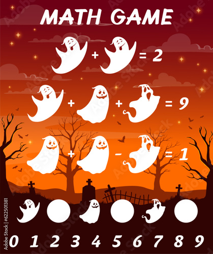 Math game worksheet. Halloween ghost characters on cemetery. Children educational vector quiz, addition and subtraction puzzle with funny ghost or cemetery spirits personages, grave crosses silhouette