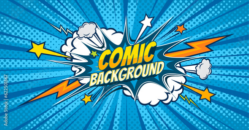 Blue comic pop art background with thunderbolt lightnings and comics bubbles. Vector halftone pattern backdrop with cartoon comic book burst clouds, boom stars and explosion lightning strikes