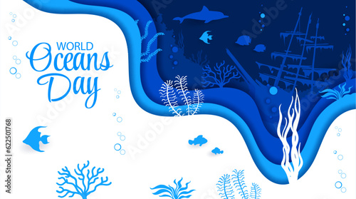 World oceans day banner. Sea paper cut landscape with sunken ship and seaweeds. Vector ecological background with 3d layered effect and marine life inside of wavy frame with fishes shipreck boat