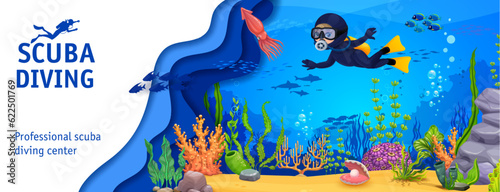 Scuba diving banner. Cartoon young diver and squid on sea underwater paper cut landscape. Vector background with aquanaut explore ocean floor with colorful aquatic plants, playful, fishes and corals