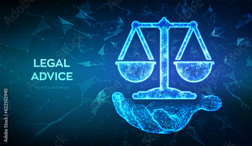 Labor law, Lawyer, Attorney at law, Legal advice concept. Abstract low polygonal 3D balance scales icon in wireframe hand. Cyberlaw, online lawyer advice. Vector illustration.