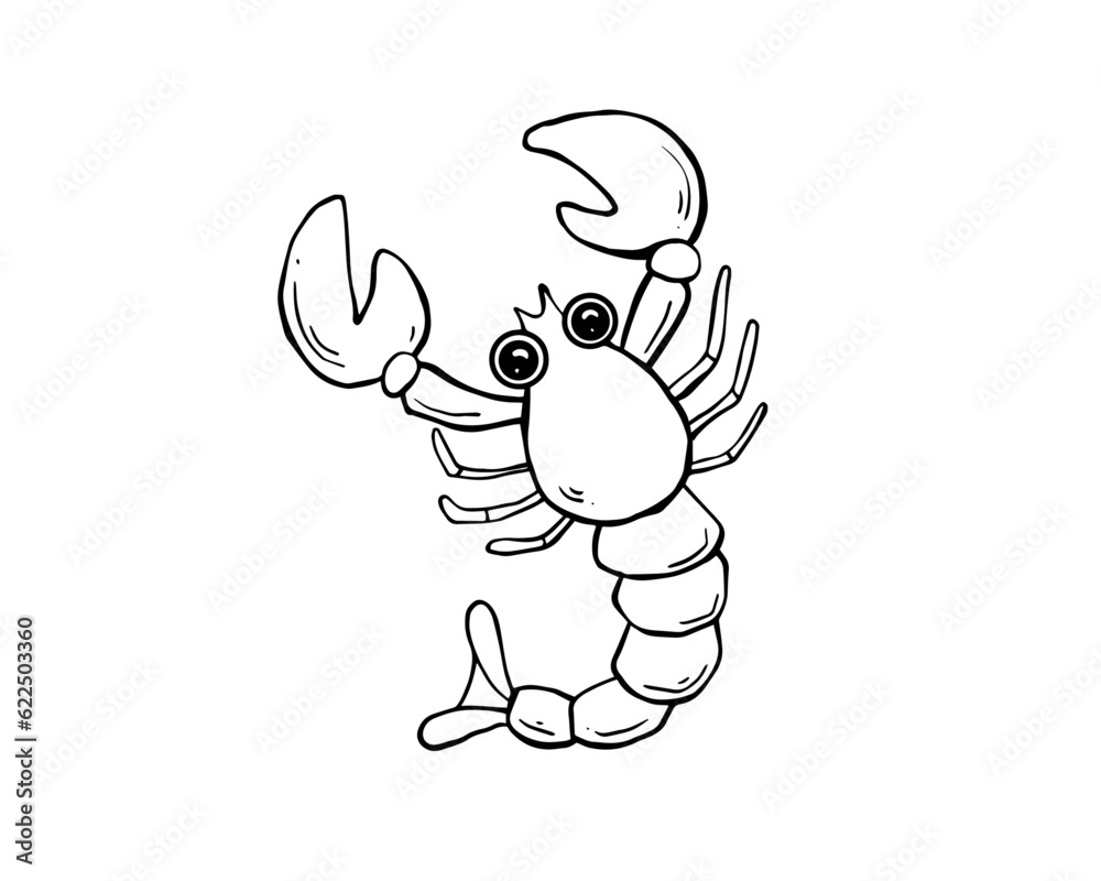 Fototapeta premium Cute shrimp, character Underwater sea life, ocean creatures clipart, icon set Hand drawn Outline Simple vector illustration 