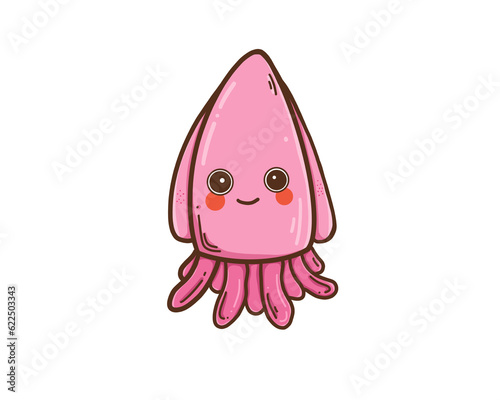 Cute squid octopus color, character Underwater sea life, ocean creatures clipart, icon set Hand drawn Outline Simple vector illustration	