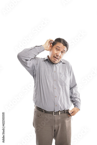 old asian man touching his hair with confused face thinking or clueless about something in white background isolated