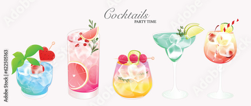 Set of cocktail drinks special promotions design. Alcohol beverage, fresh yummy drinks, sparkling water, summer juice in different glasses. Classic cocktail vector for advertisement, menu, poster.