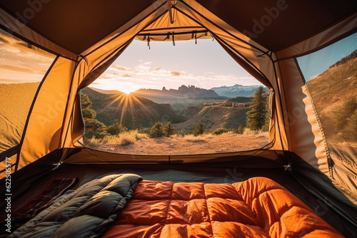 Looking out through an opening of a camper tent to a beautiful landscape - Generative AI
