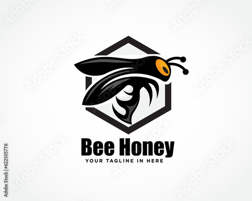 flying bee at hexagonal frame logo design template illustration inspiration