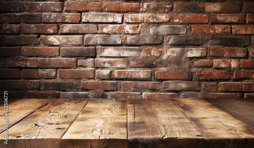 Empty old wooden table with old brown brick wall on background, Generative AI