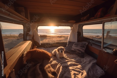 Golden Retriever Puppy in Camper Van Slow Living with Sunrise Views of Ocean