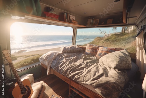 Beautiful Empty Van Life Camper with Diy Bed and Cozy Blankets. Guitar in Corner and Styled Shelves with Books. Beach Views Through Open Windows