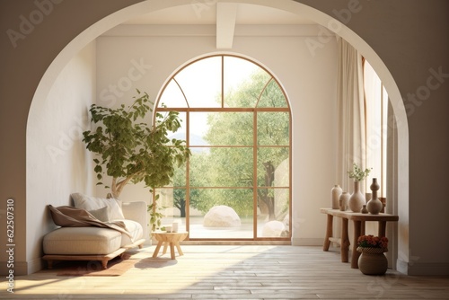 Light Filtering Modern Living Room Interior with White Sofa Couch and Clean Arched Wall and Wood Frame Window