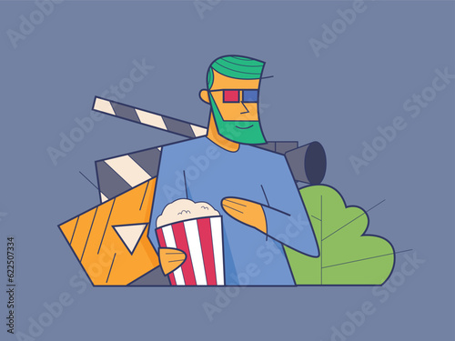 Watching film with 3d glasses and popcorn bucket. movie buff looking premiere with joyful emotion