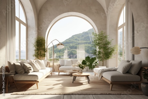 Luxurious Desert Oasis Modern Family Room Interior with Arch Open Concept Window with Mountain Views and Curved Walls