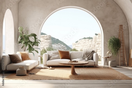 Luxury Desert Oasis Modern Living Room Interior with Arch Open Concept Window with Mountain Views and Curved Walls