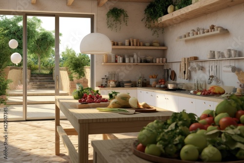 Warm Sustainable Modern Kitchen Interior with Pots and Pans on Shelves with Fresh Bowls of Fruit and A Wooden Island Table