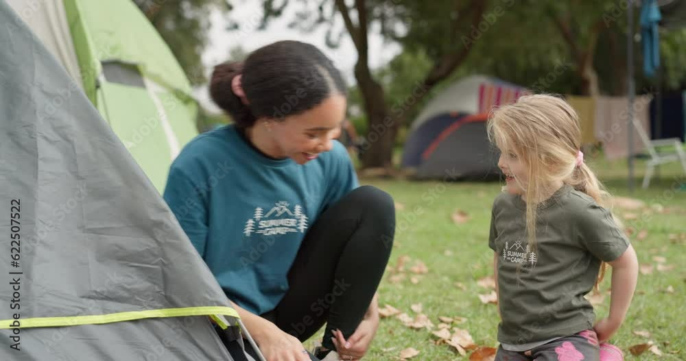 Child, camp counsellor and high five with support from a girl on camping trip, Goals, smile and team building success with young children and woman together with freedom and emoji hand sign in nature Child, camp counsellor and high five with support from a girl on camping trip, Goals, smile and team building success with young children and woman together with freedom and emoji hand sign in nature