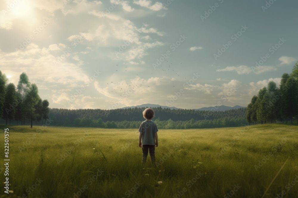 Young Boy Standing in Calm Meadow with Mountain Views Made with Generative AI Young Boy Standing in Calm Meadow with Mountain Views Made with Generative AI