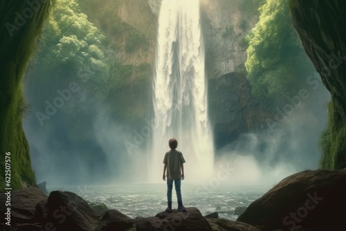 Young Hiker Standing In Front Of A Waterfall With Mist In Nature Made With Generative AI