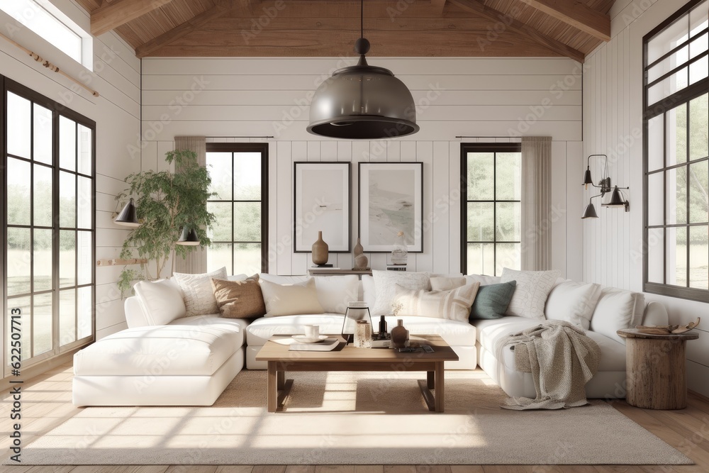 Fototapeta premium Summer Modern Farmhouse Family Room Interior With Wood Accent Ceiling And Modern Grid Windows Made With Generative Ai