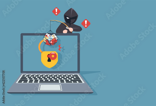 Thief Hacker attacks a laptop by stealing an account. fraud scam and steal personal data, financial documents on devices. vector illustration flat design for cyber security awareness concept.