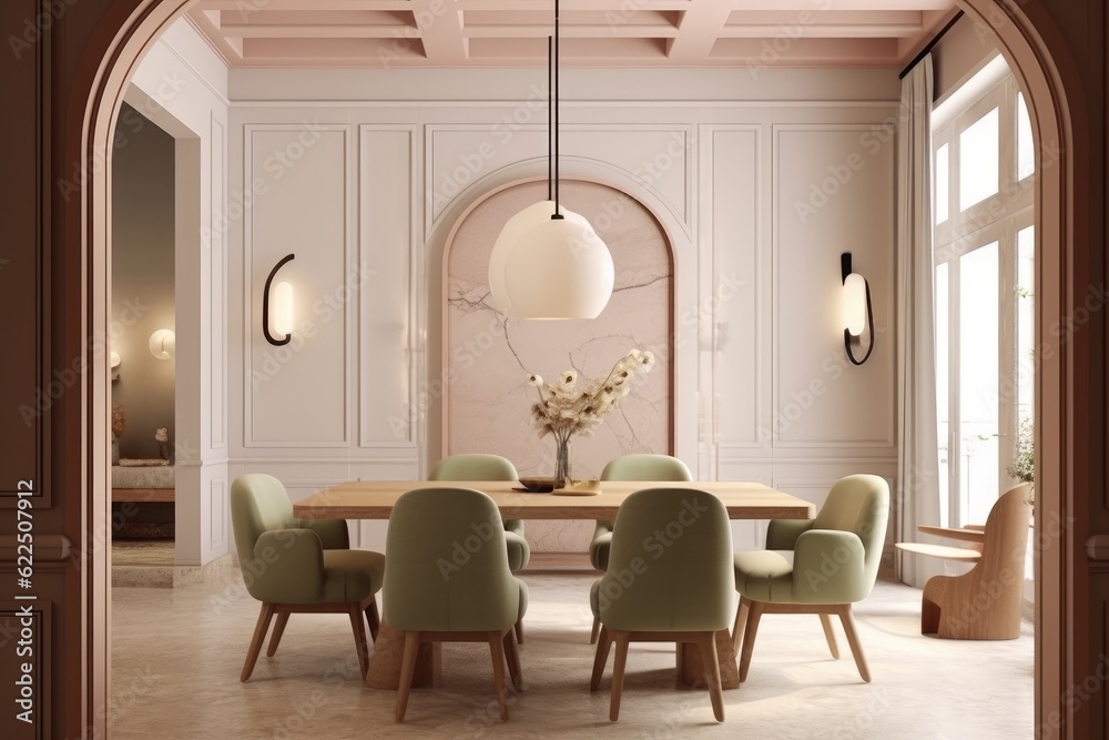 Glamorous Luxury Blush Pink Dining Room Interior with Pastel Green ...
