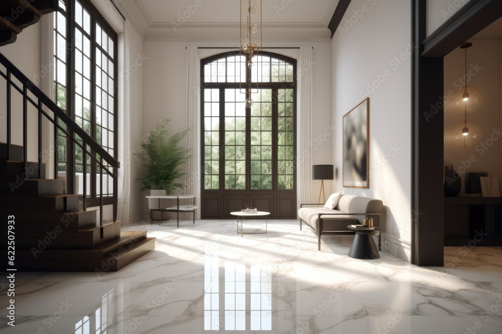 Luxurious Foyer Interior with Tall Ceilings and Stone Marble Porcelain ... - Modern High-End Penthouse Apartment Foyer Decor Inspiration With Porcelain Tile