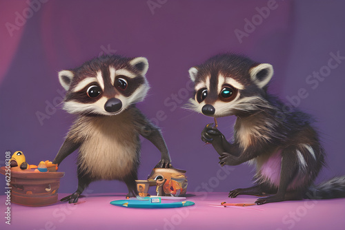 cute 2 raccoons generate AI photo