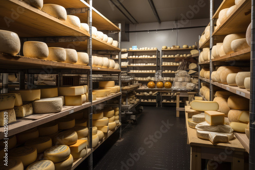 A cheese aging room with shelves of cheese wheels wrapped in cheese paper, showcasing a variety of aged cheeses ready for consumption, generative AI