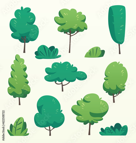 vector cartoon isolated tree and bush illustration for city park drawing