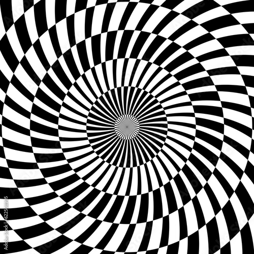 Radial optical illusion background. Black and white abstract lines surface in circles. Poster  banner  template design. Spinning spiral illusion wallpaper. Vector opt art illustration 
