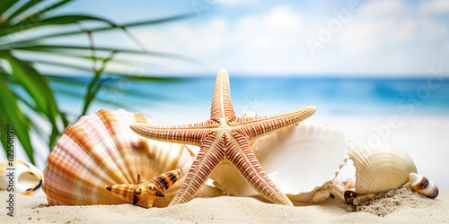 Shells and starfish on the beach background